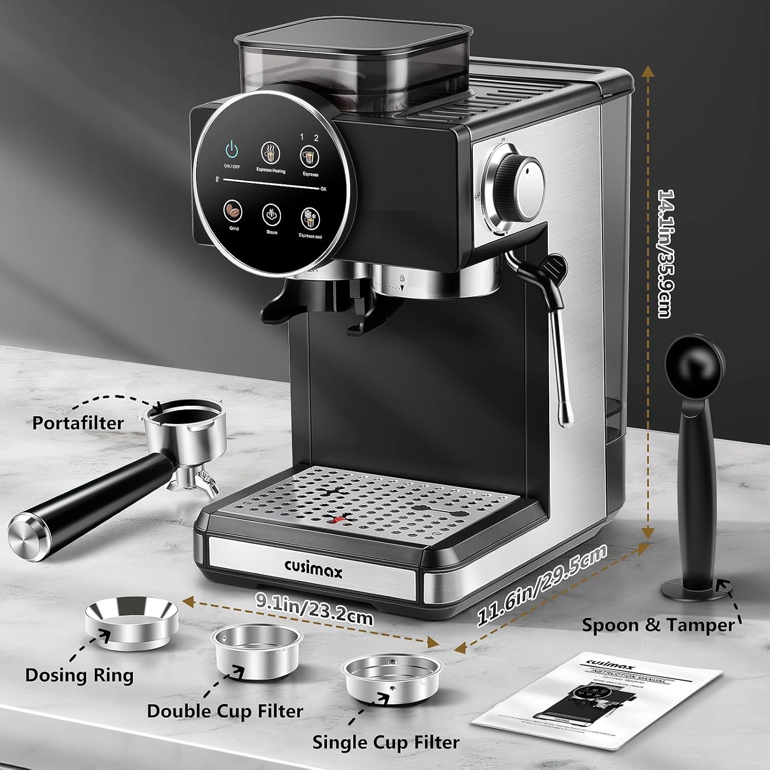 CUSIMAX Espresso Machine with Grinder, 20 Bar Professional Expresso Coffee Machines with Milk Frother Steam Wand, Espresso Maker with 60oz Removable Water Tank, Cappuccino & Latte Machine for Home