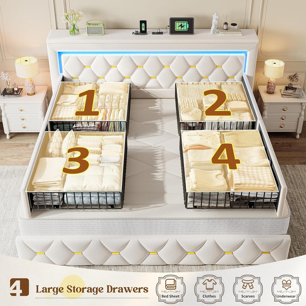King Size Bed Frame with 4 Storage Drawers & LED Lights, Velvet Bed Frame with Charging Station, Wooden Slats, No Box Spring Needed, Beige