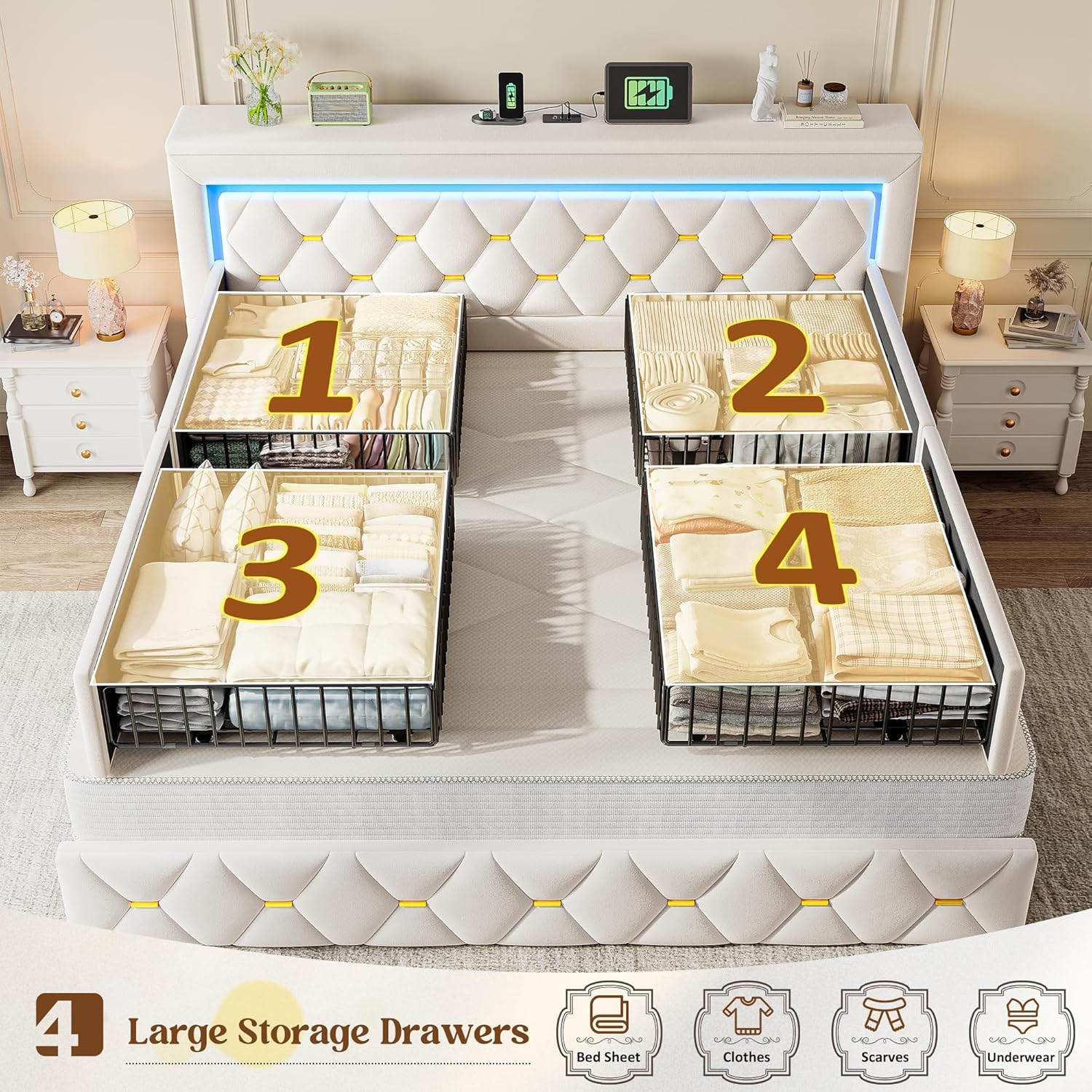 King Size Bed Frame with 4 Storage Drawers & LED Lights, Velvet Bed Frame with Charging Station, Wooden Slats, No Box Spring Needed, Beige