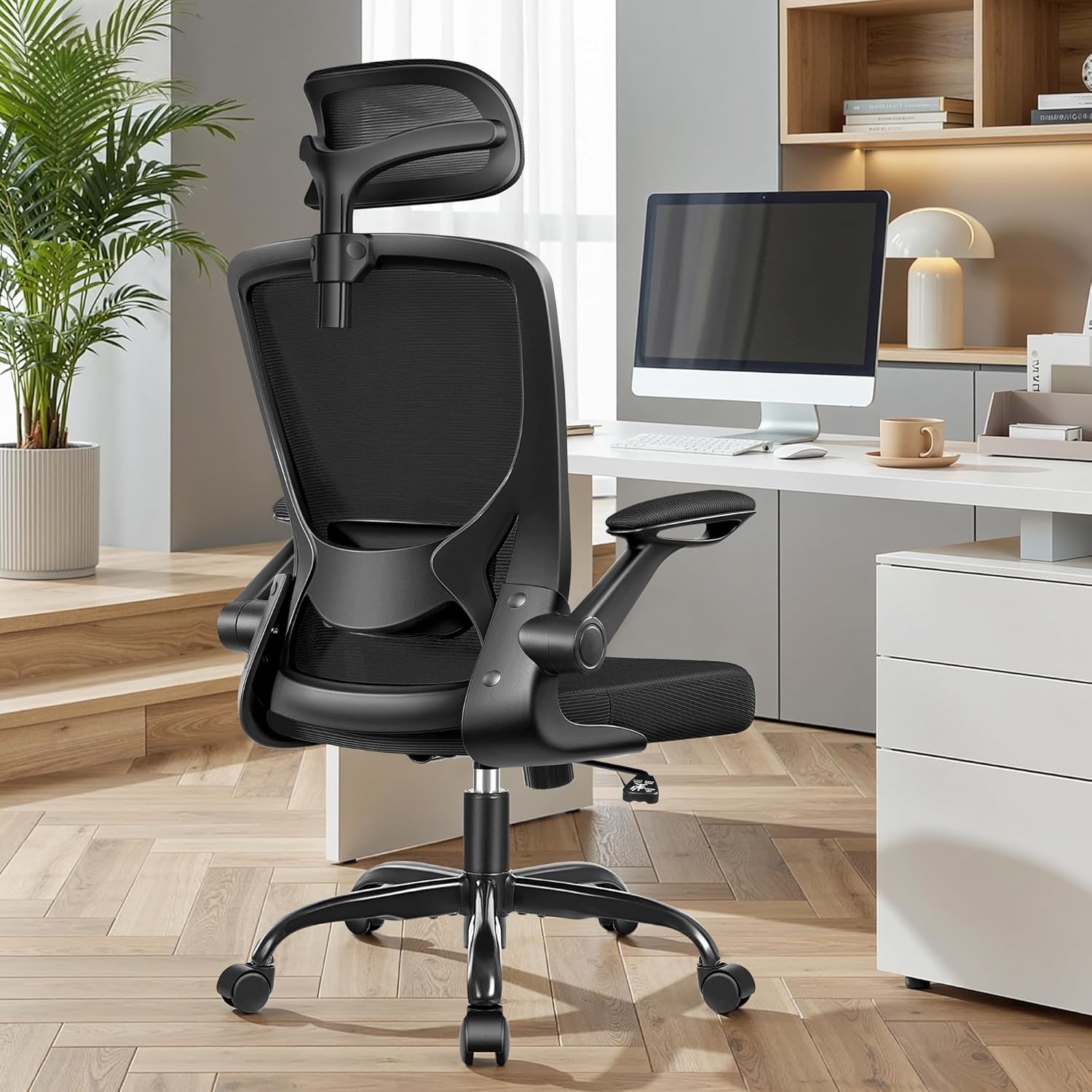 BESTFAIR Office Chair Ergonomic Desk Chair, Breathable Mesh Office Chairs with Adjustable Lumbar Support, Flip-Up Arms, Computer Desk Chair Comfy for Home Office, Black