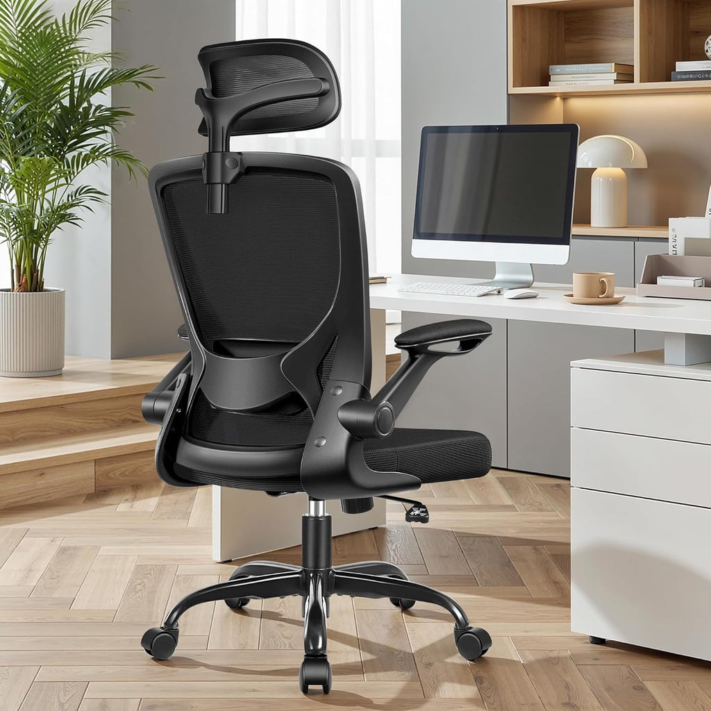 BESTFAIR Office Chair Ergonomic Desk Chair, Breathable Mesh Office Chairs with Adjustable Lumbar Support, Flip-Up Arms, Computer Desk Chair Comfy for Home Office, Black