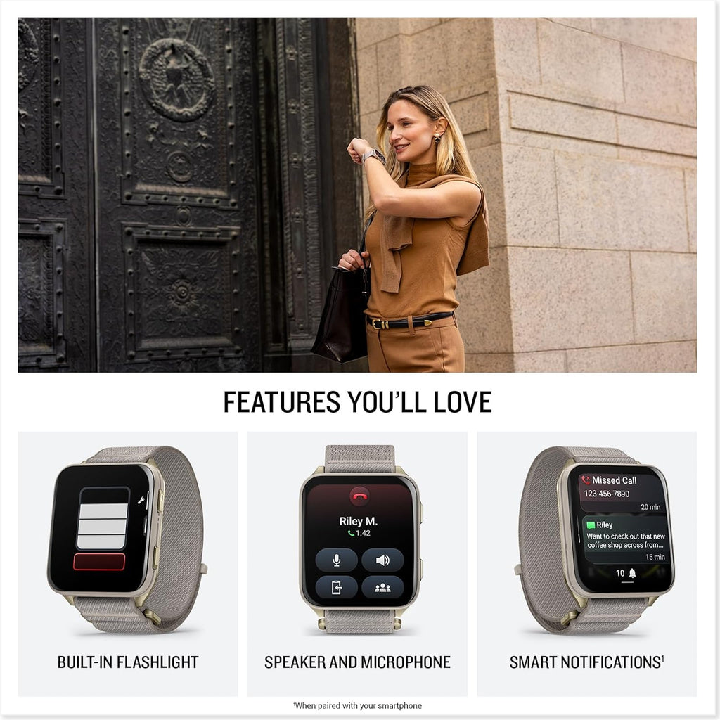 Garmin® Venu® X1  Thin and Lightweight GPS Smartwatch  AMOLED Display  Advanced Health and Fitness Features  Soft Gold with Titanium Caseback and French Gray ComfortFit Nylon Band