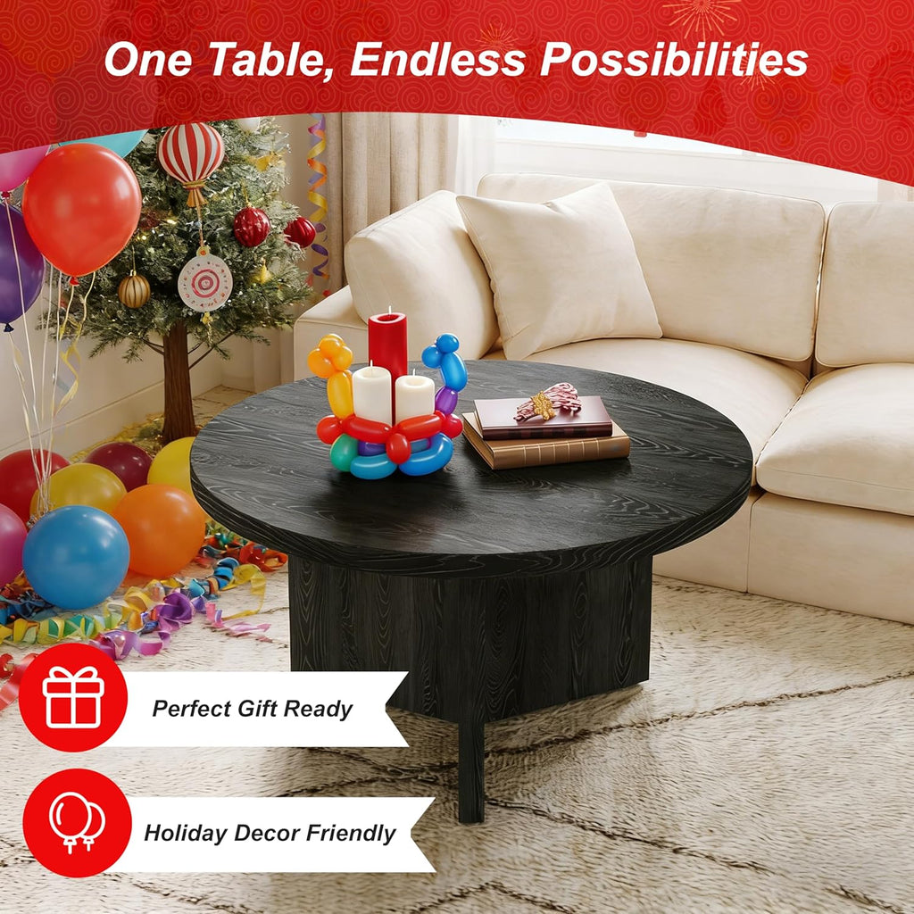 Luoxiao 27.5" Round Black Coffee Table, Modern Wood Grain Center Table with Triangle Pedestal Base, Low Profile Circular Accent Table for Living Room, Small Spaces & Apartments, Easy Assembly