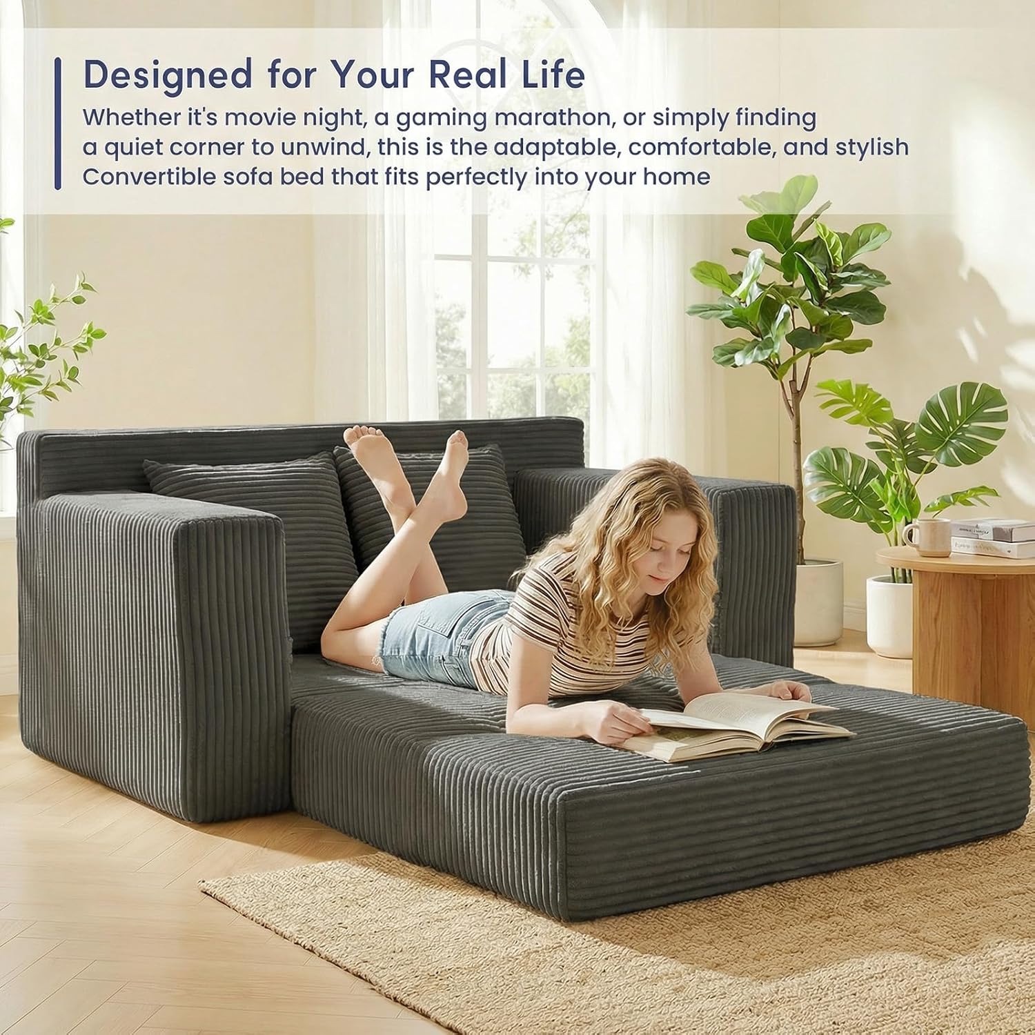 Boneless Couch Loveseat Sleeper, Convertible Sofa Bed Folding Couch Bed Foldable, 2 in 1 Boneless Chair Bed & Futon Sofa Bed, Small Pull Out Sofa with 4 Pillows for Living Room, Grey | No Assembly, Convertible, 2 in 1, Pull Out Handle, 4 Pillows