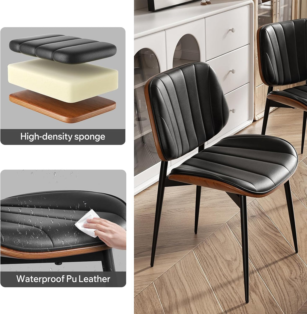 Dining Chairs Set of 4, Mid Century Modern Dining Room Chair, Upholstered Faux Leather Kitchen Chairs with Walnut Bentwood Back and Metal Legs for Kitchen Dining Room Living Room, Black
