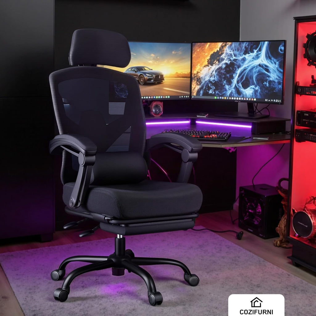 DUMOS Office Desk Computer Chair with Footrest, Ergonomic Mesh Swivel Gaming Chair with Rolling Wheels, Comfortable Headrest, Lumbar Support, Comfy for Home, Office, Task, Student, Inky