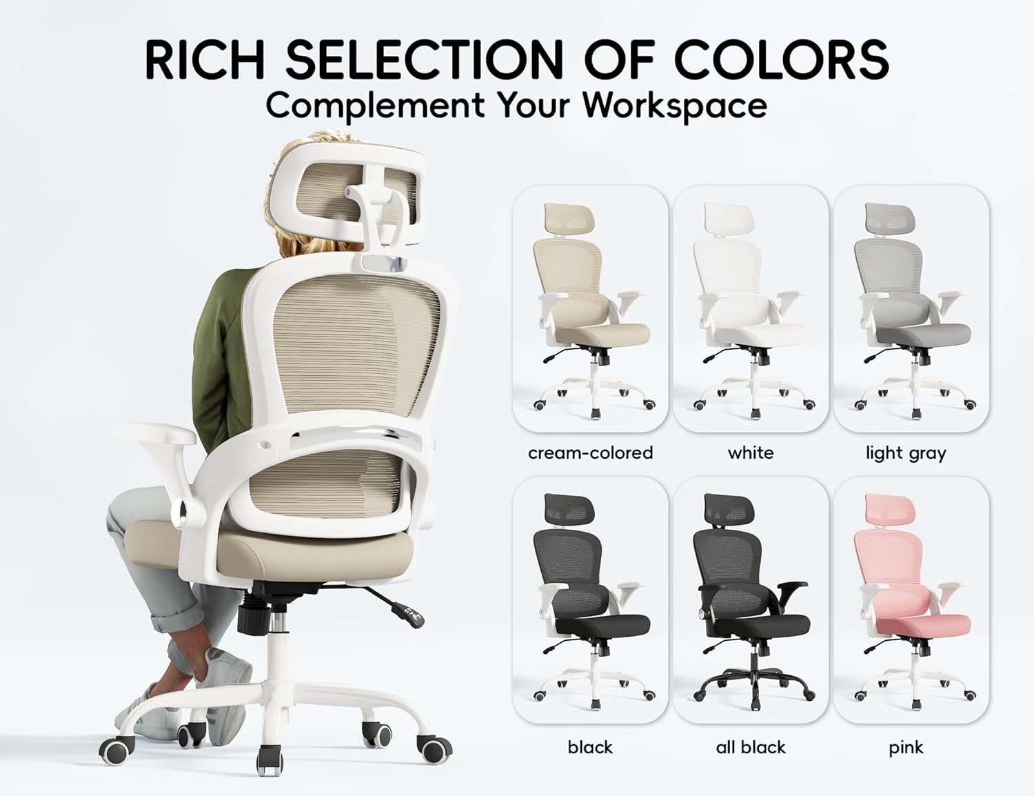 TRALT Office Chair - Ergonomic Office Chair with Back Support, Computer Chair - Home Office Desk Chairs, 330lbs Wide Seat Big and Tall Office Chairs with Headrest, Comfy Desk Chairs (Beige)