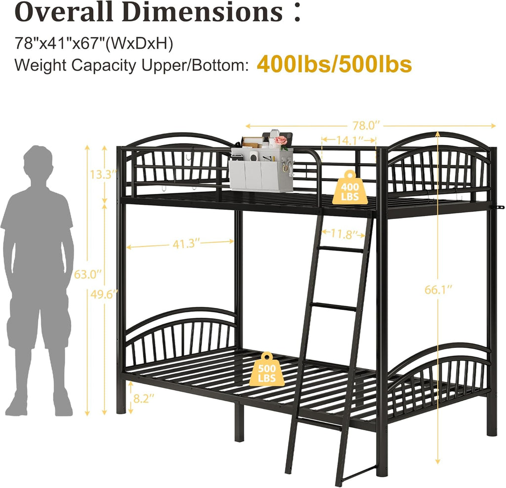 Metal Bunk Bed Twin Over Twin, Heavy Duty Industrial Bunkbeds for Teen with Bedside Caddy, Convertible Ladder & Flat Rungs, Space Saving Bunkbed Frame for Bedroom Dorm, No Box Spring Needed