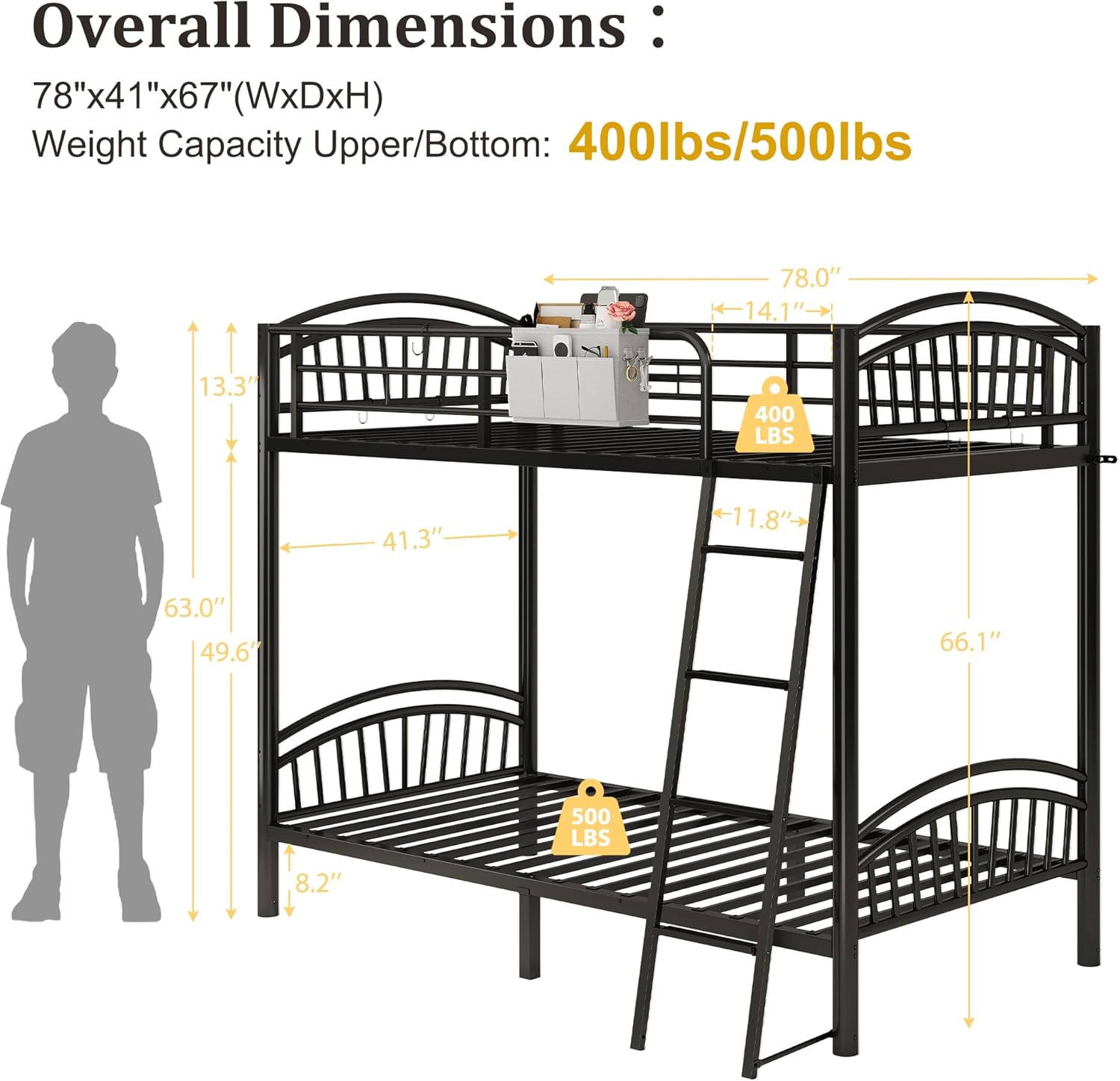 Metal Bunk Bed Twin Over Twin, Heavy Duty Industrial Bunkbeds for Teen with Bedside Caddy, Convertible Ladder & Flat Rungs, Space Saving Bunkbed Frame for Bedroom Dorm, No Box Spring Needed