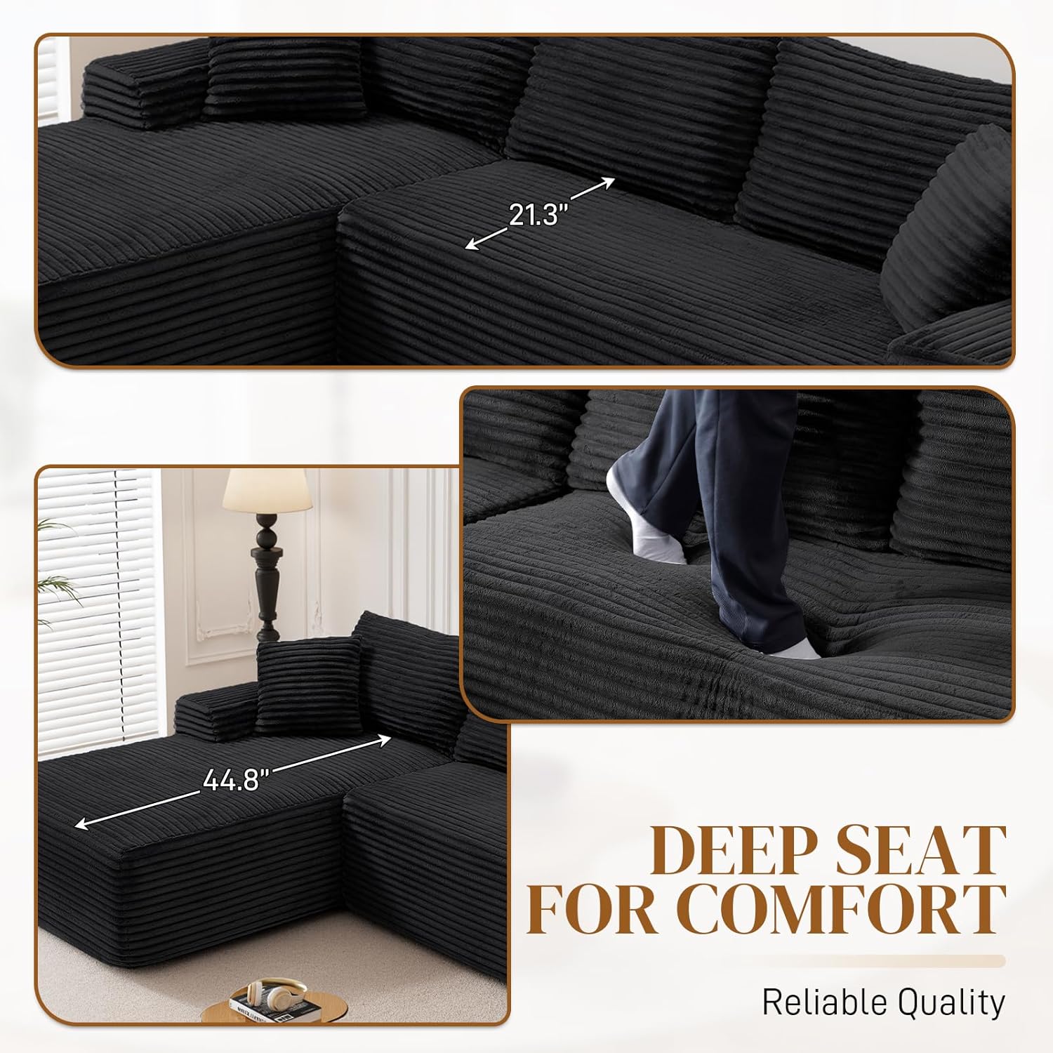95" Boneless Cloud Sectional Couches for Living Room, Comfy Fluffy L Shaped Memory Foam Deep Seat Boneless Couch, Modular Sectional Sofa with Left Facing Chaise, Black