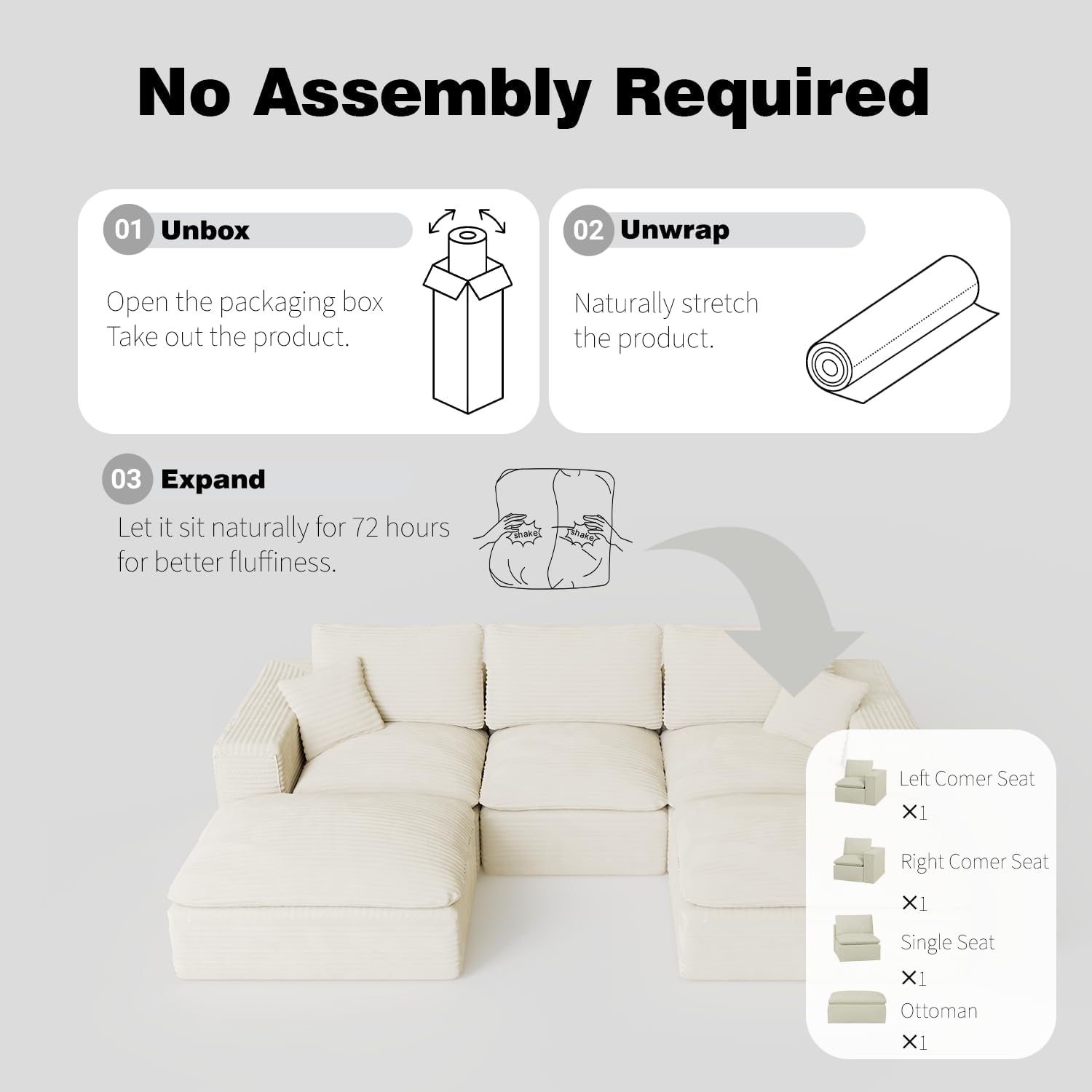 108" Plush Corduroy L Shaped Sectional Cloud Sofa Couch with Ottoman, Soft Deep Seat Modular Sectional Couches for Living Room,No Assembly. Beige