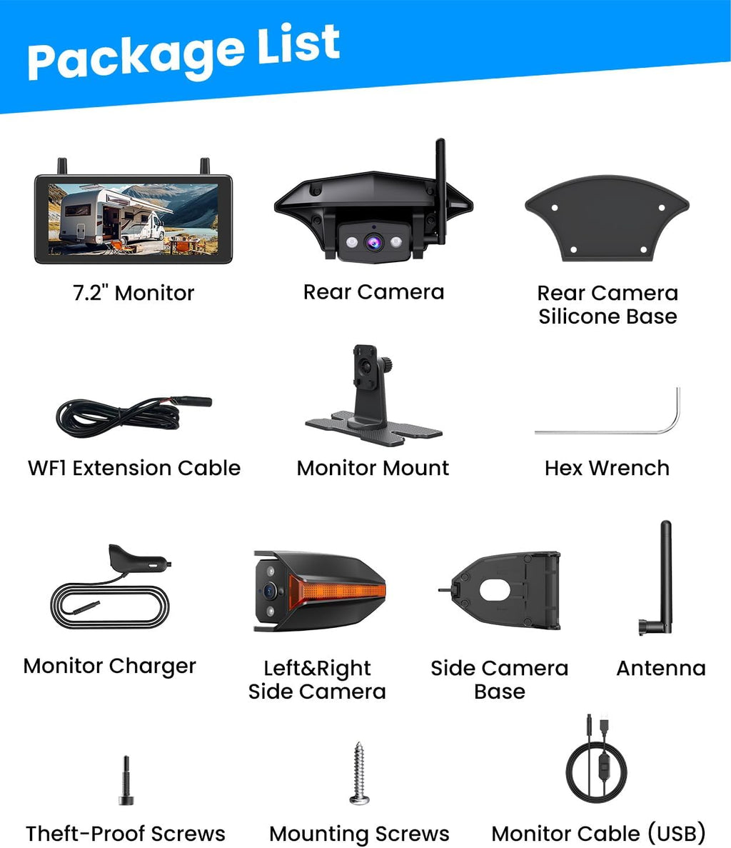 AUTO-VOX Wireless RV Backup Camera: Rear&Side View with 7.2” HD 1080P Triple-Split Screen Monitor  Dual Power USB/Car Charger  DVR Recording  Stable Signal Rear View Camera for Camper  Travel Trailer