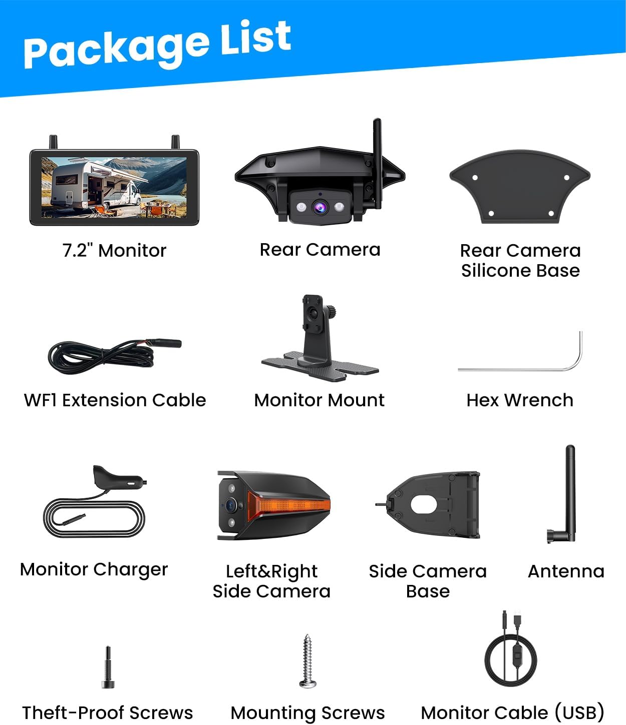 AUTO-VOX Wireless RV Backup Camera: Rear&Side View with 7.2” HD 1080P Triple-Split Screen Monitor  Dual Power USB/Car Charger  DVR Recording  Stable Signal Rear View Camera for Camper  Travel Trailer