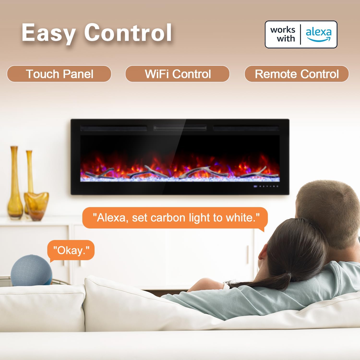 Cheerway 72'' Smart WiFi Electric Fireplace Heater, Wall Mounted & Recessed Electric Fireplace Insert w/Timer, Child Lock, Crackling Sound, App & Remote Control, Adjustable Flame,1500W