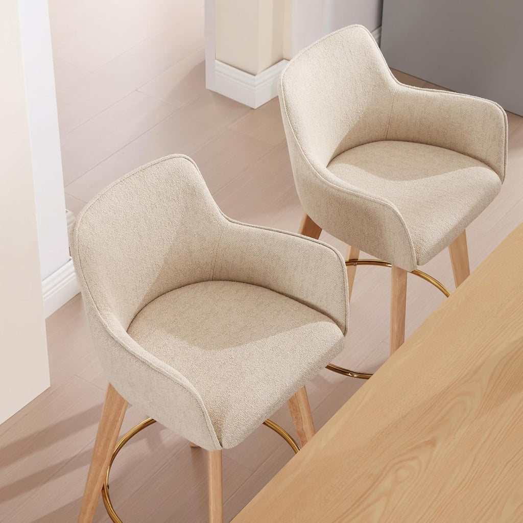 ONEVOG Modern 26" Counter Height Bar Stools Set of 4, Swivel Kitchen Island Tall Chairs with Back, Arm, Footrest and Solid Wood Legs, Linen Fabric Upholstered Farmhouse Barstools for Countertop, Beige