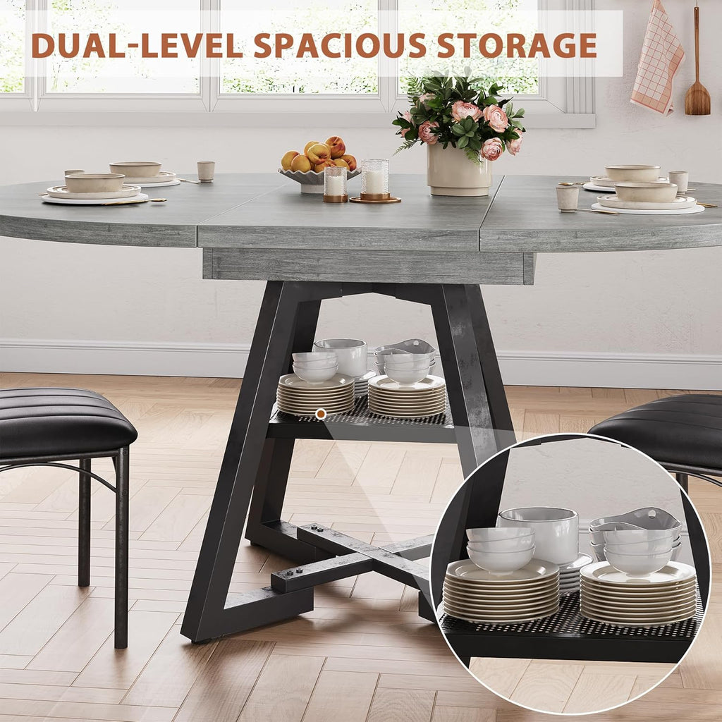 43‘’-57‘’ Extendable Round Dining Table for 4-6, Modern Industrial Kitchen Oval Dining Table with Removable Leaves, Space Saving Pedestal Base with Storage Shelf for Kitchen Living Room (Grey)