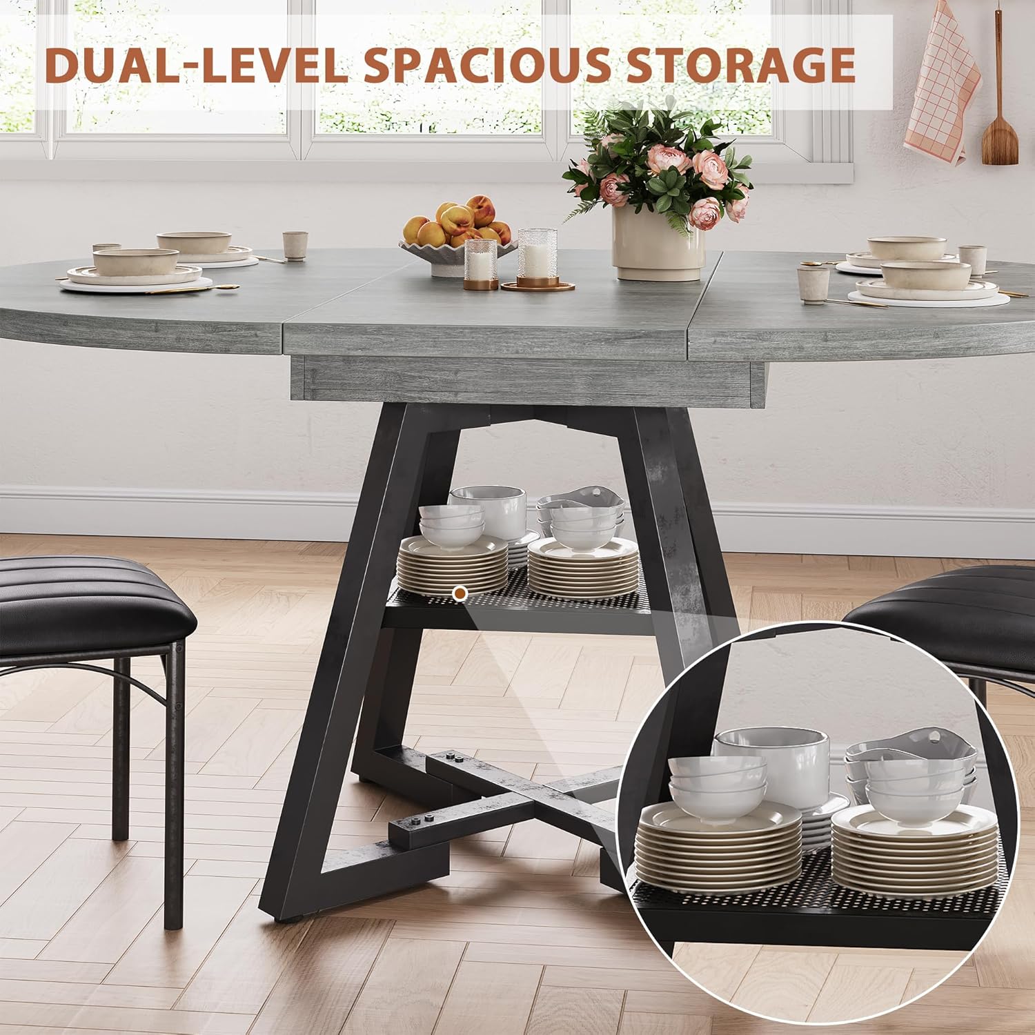 43‘’-57‘’ Extendable Round Dining Table for 4-6, Modern Industrial Kitchen Oval Dining Table with Removable Leaves, Space Saving Pedestal Base with Storage Shelf for Kitchen Living Room (Grey)