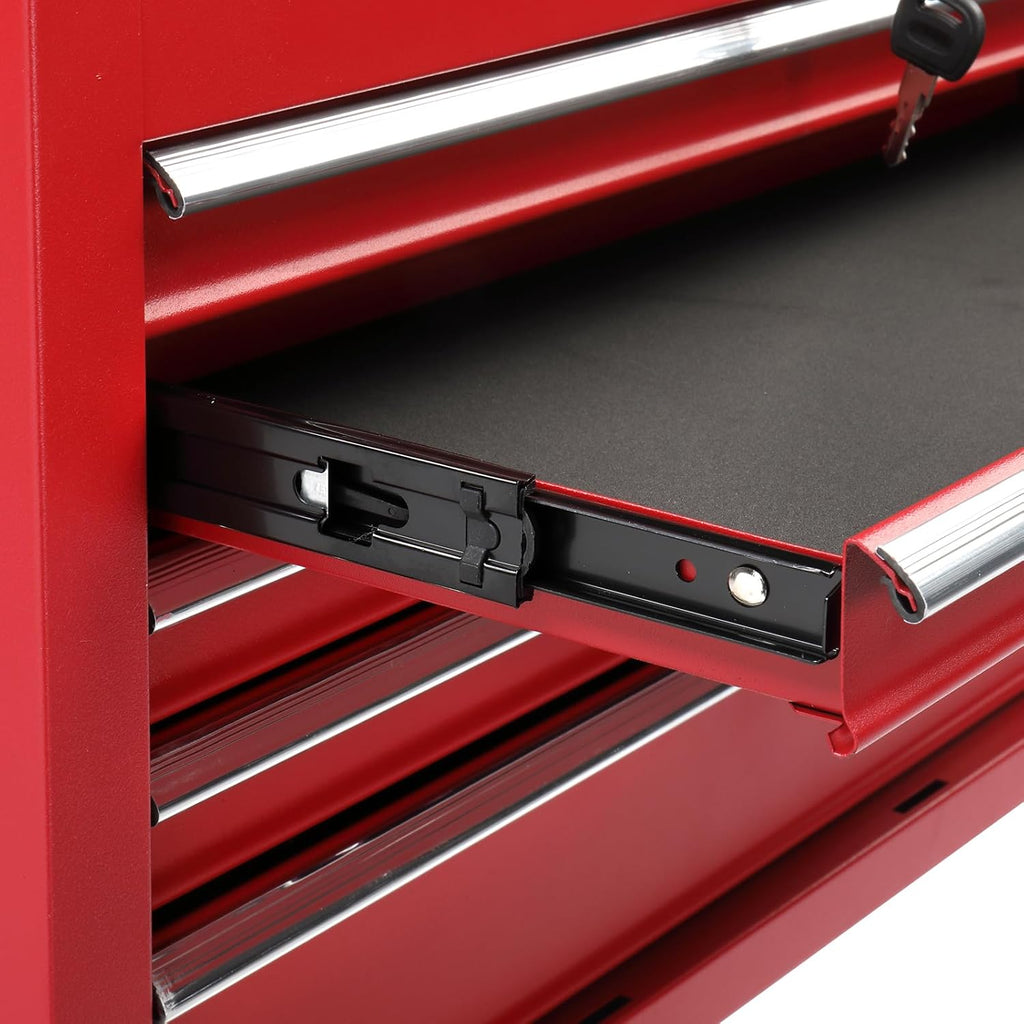 Winado 24" Metal Tool Box, Portable 5 Drawers Toolbox with Top Storage Tray, Carry Handle, Ball Bearing Runners, Lockable Tool Chest Cabinet for Garage, Warehouse, Repair Shop & Home, Red