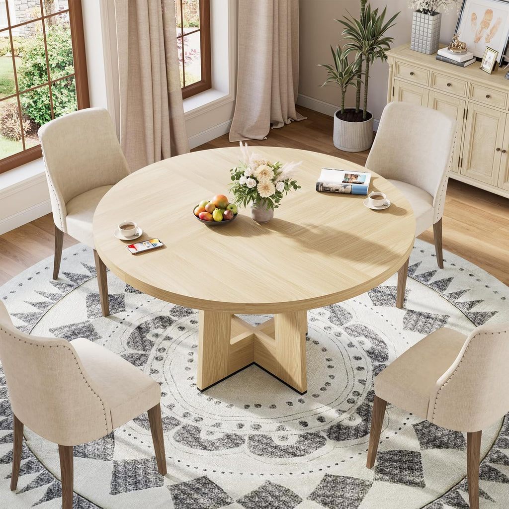 Garvee 47" Round Dining Table for 4-6 People - Circle Kitchen Dinner Table with Sturdy Pedestal Base, Space Saving Dinning Room Furniture for Living Room, Kitchen, Apartment, Natural