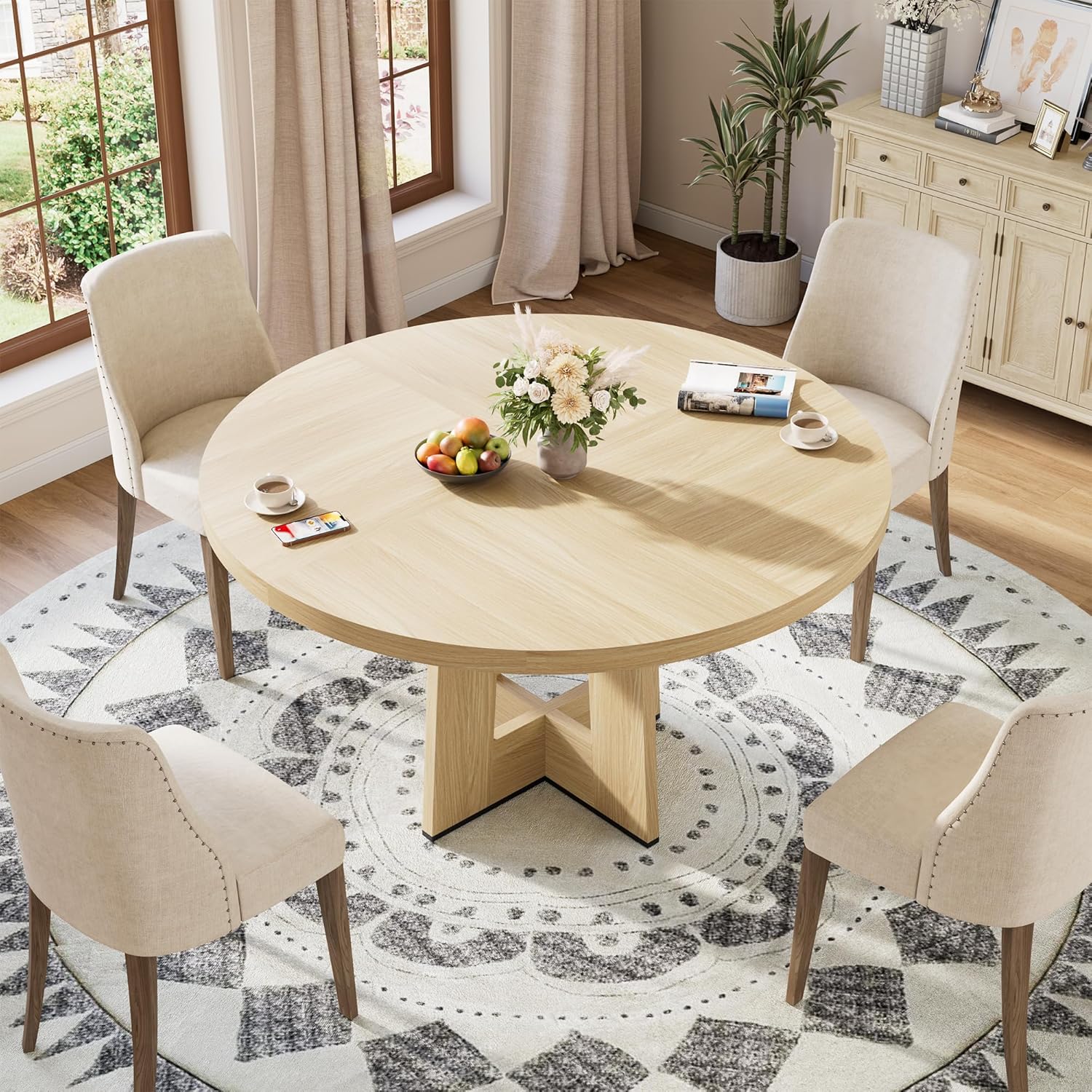 Garvee 47" Round Dining Table for 4-6 People - Circle Kitchen Dinner Table with Sturdy Pedestal Base, Space Saving Dinning Room Furniture for Living Room, Kitchen, Apartment, Natural