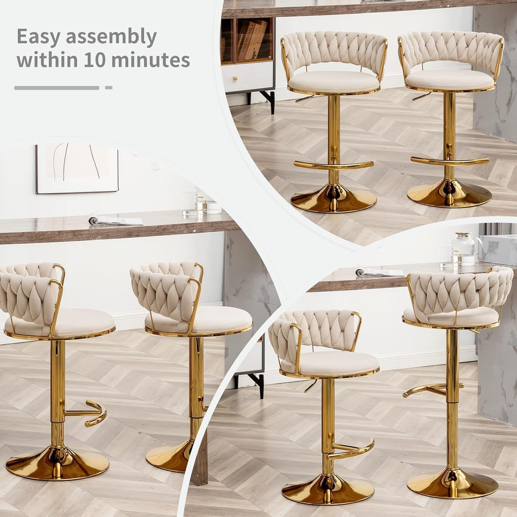 Gold Bar Stools Set of 3, Counter Height Bar Chairs with Low Back, Velvet Adjustable Height Barstools, 360° Swivel Bar Stools for Kitchen Island, Pub (Beige)