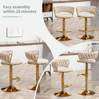 Gold Bar Stools Set of 3, Counter Height Bar Chairs with Low Back, Velvet Adjustable Height Barstools, 360° Swivel Bar Stools for Kitchen Island, Pub (Beige)