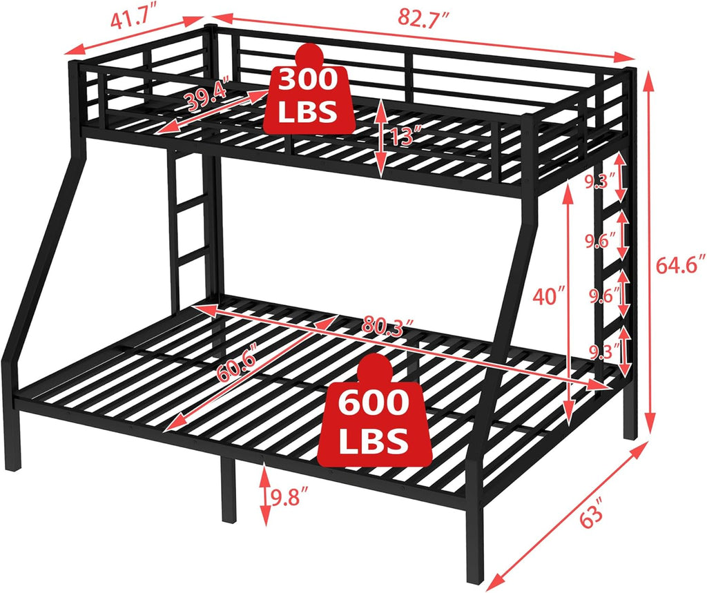 Bellemave Metal Twin XL Over Queen Bunk Bed for Adults/Kids,Heavy Duty Adults Bunk Beds with Guardrail & Ladders,Queen Size Bunk Beds for Teens,Black