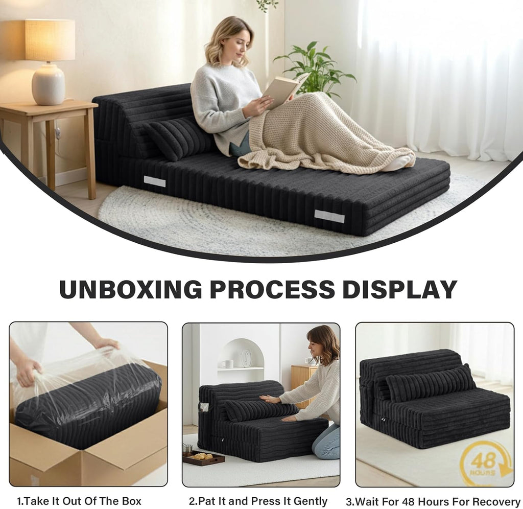 Tiita Folding Sofa Bed Twin Size, Convertible Sleeper Chair Mattress with Pillow, Thick Corduroy Floor Mattress Couch Bed with Side Pocket, Guest Room, Dorm, Apartment, Balck