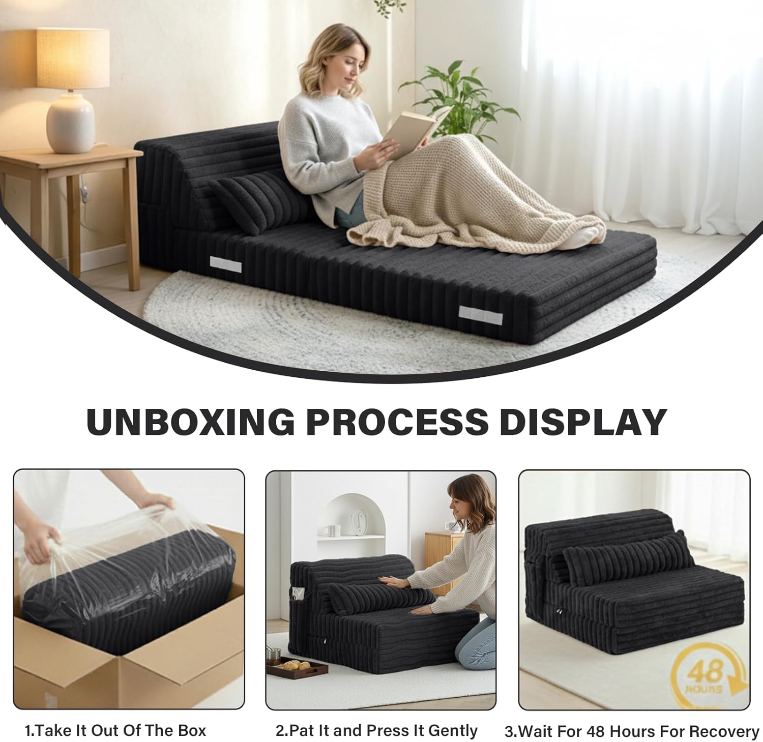 Tiita Folding Sofa Bed Twin Size, Convertible Sleeper Chair Mattress with Pillow, Thick Corduroy Floor Mattress Couch Bed with Side Pocket, Guest Room, Dorm, Apartment, Balck