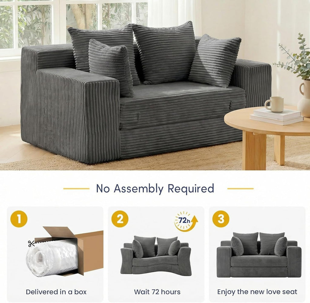 Boneless Couch Loveseat Sleeper, Convertible Sofa Bed Folding Couch Bed Foldable, 2 in 1 Boneless Chair Bed & Futon Sofa Bed, Small Pull Out Sofa with 4 Pillows for Living Room, Grey | No Assembly, Convertible, 2 in 1, Pull Out Handle, 4 Pillows