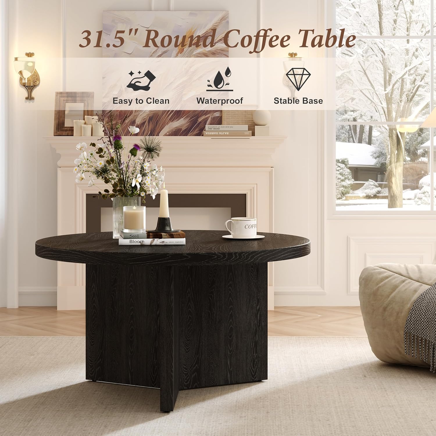 Luoxiao 27.5" Round Black Coffee Table, Modern Wood Grain Center Table with Triangle Pedestal Base, Low Profile Circular Accent Table for Living Room, Small Spaces & Apartments, Easy Assembly