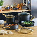 Farberware Forged Induction Ceramic Nonstick Pots and Pans Set with Lids and Kitchen Cooking Tools - Dishwasher Safe, Suitable for All Stovetops, 12 Piece Cookware Set - Black and Gold