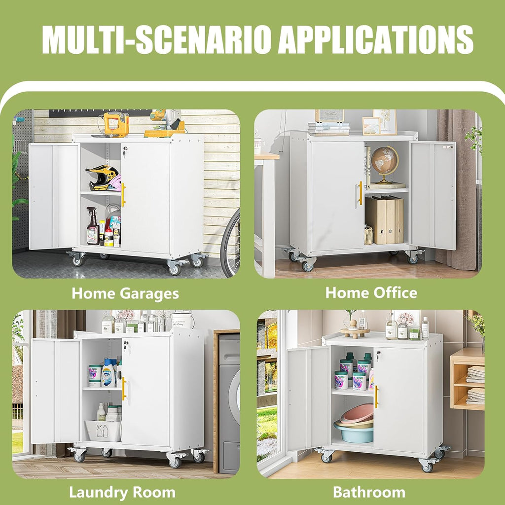 Metal Storage Cabinet with Wheels,Rolling Tool Cabinets with Doors and Adjustable Shelves,Lockable Garage Storage Cabinet,Heavy Duty Tool Chest for Home Office Utility Room,Assembly Required,White