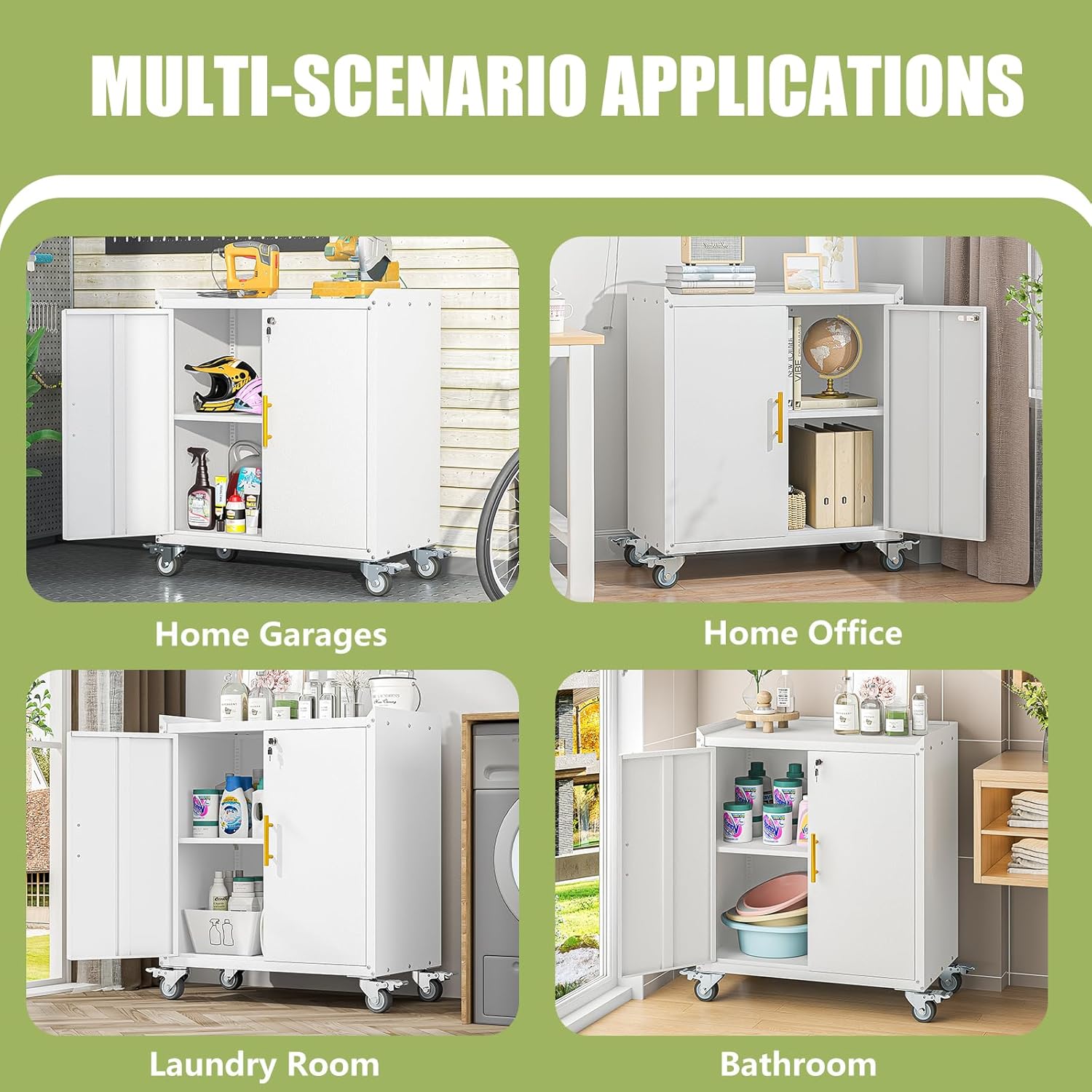 Metal Storage Cabinet with Wheels,Rolling Tool Cabinets with Doors and Adjustable Shelves,Lockable Garage Storage Cabinet,Heavy Duty Tool Chest for Home Office Utility Room,Assembly Required,White