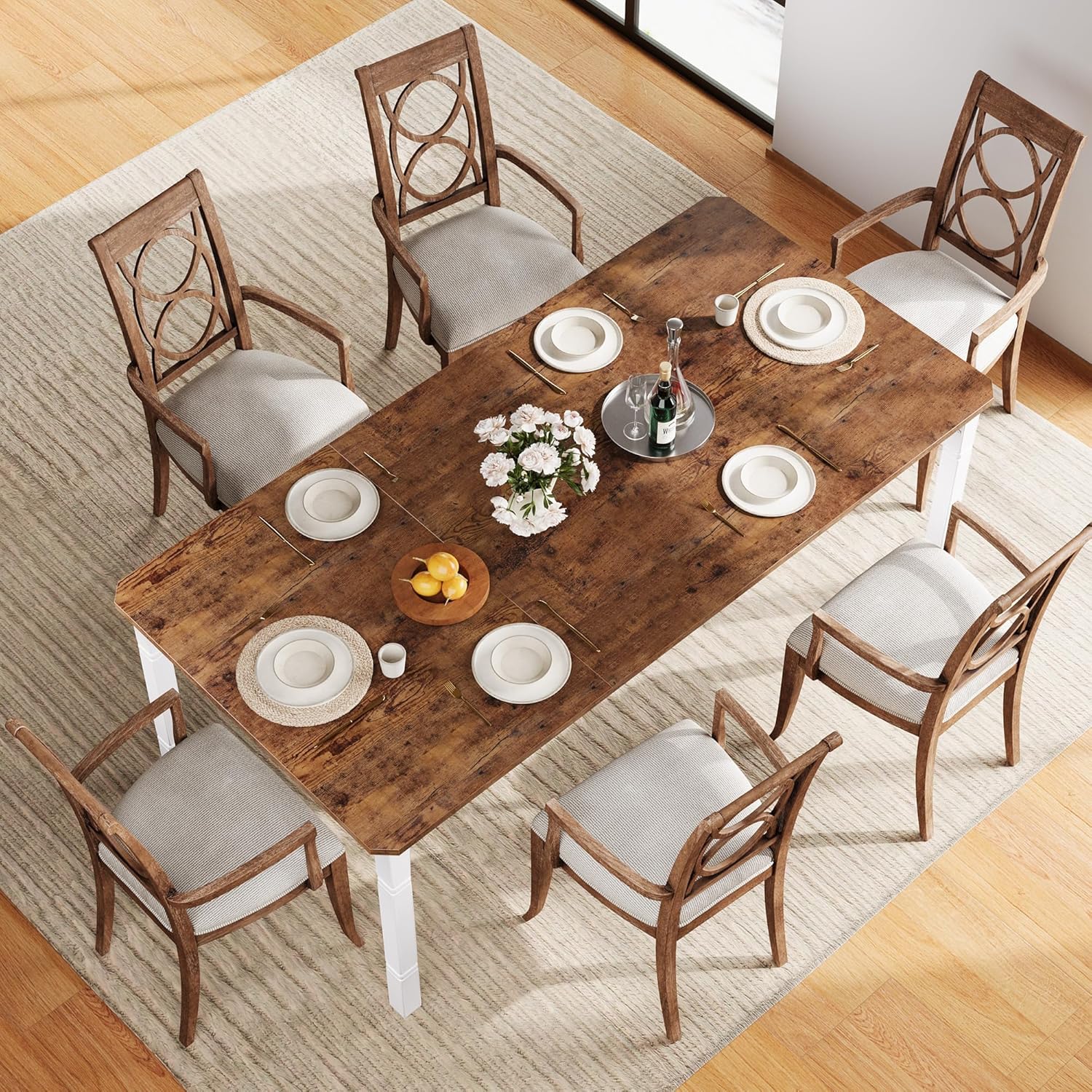 IDEALHOUSE 79" Dining Table for 6-8 People, Modern Rectangular Kitchen Table with Sturdy Metal Legs, Large Wood Farmhouse Dining Room Table for Home Office, Conference, White & Retro