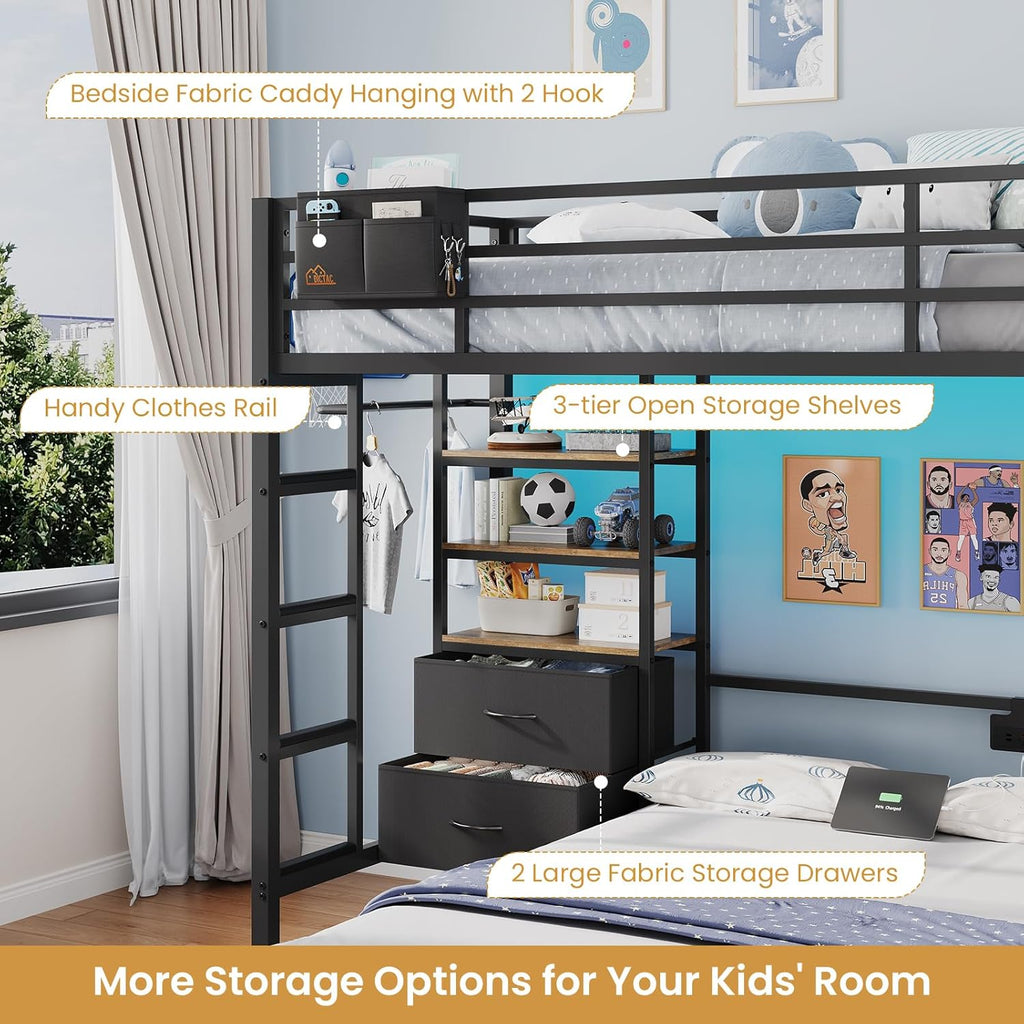 DICTAC Twin Over Full Bunk Bed with 4 Storage Drawers and 3-Tier Open Bookshelf Metal Bunk Bed with LED Lights,Charging Station and Pegboard,L-Shaped bunk Beds with Safety Guardrail and Ladder,Black
