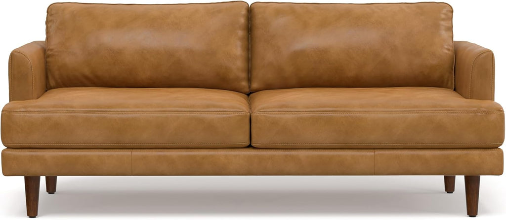 SIMPLIHOME Livingston Sofa - 76 inch Wide Top Grain Genuine Leather Sofa in Sienna, Mid-Century Modern Loveseat for Living Room with Removable Feather-Wrapped Cushions and Solid Wood Frame