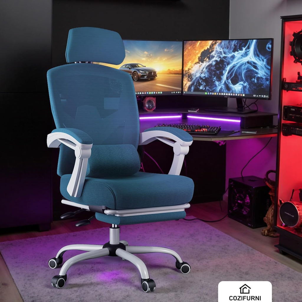 DUMOS Office Desk Computer Chair with Footrest, Ergonomic Mesh Swivel Gaming Chair with Rolling Wheels, Comfortable Headrest, Lumbar Support, Comfy for Home, Office, Task, Student, Elegant Blue