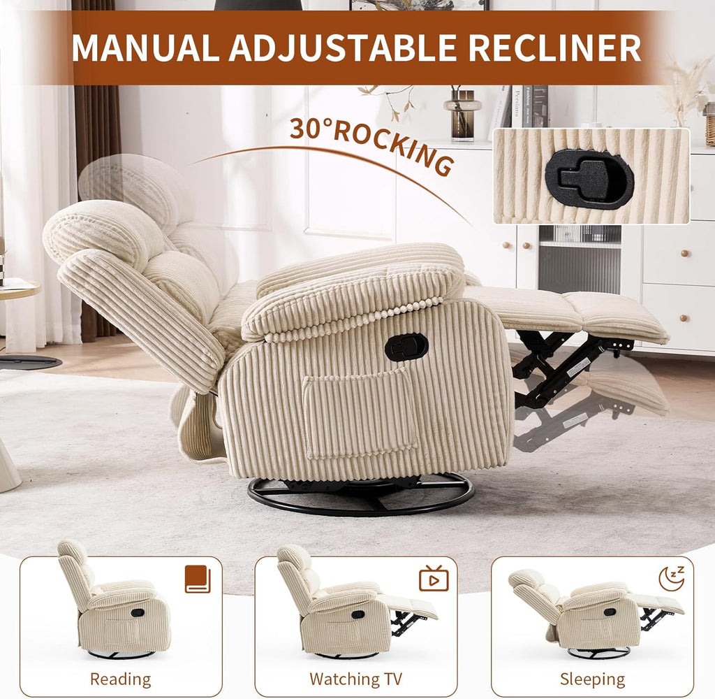 Adult 360° Rocking Recliner Chair .Nursery Rocker Reclining Chair with Side Pocket, a Comfy upholstered Single Sofa Armchair. Suitable for Living Room, Bedroom Nursing use, Velvet Fabric in Beige