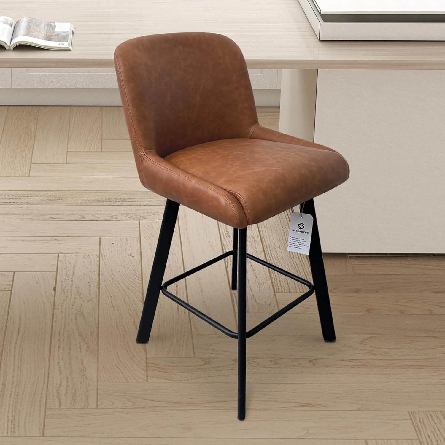 Swivel Bar Stools Set of 3, 26''H Upholstered Barstools with Backs, Modern Counter Height Bar Stool Chairs for Kitchen Island, Metal Legs, Faux Leather, Brown Counter Stools