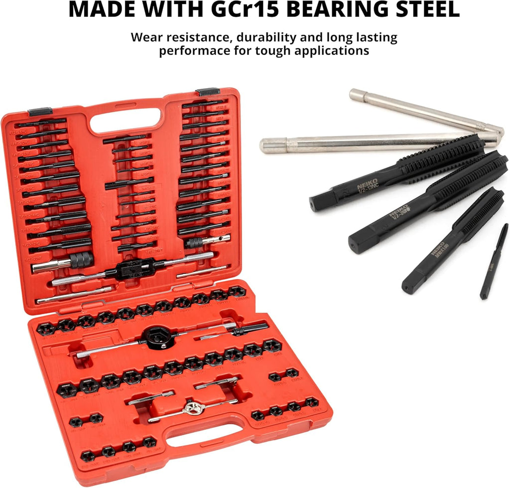 NEIKO Tap and Die Set, 76 Piece, Metric and Standard, Rethreading, Cutting, Repairing Threading Tool for External & Internal Thread Tap Set, SAE & MM, Hex Die, UNC, UNF, AND NPT Threads, Complete Kit