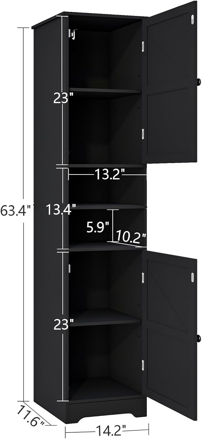 Viaozutis Tall Bathroom Storage Cabinet, Vertical Freestanding Organizer with Adjustable Shelf, Slim Design for Small Bathrooms, Towels & Toiletries Storage Black