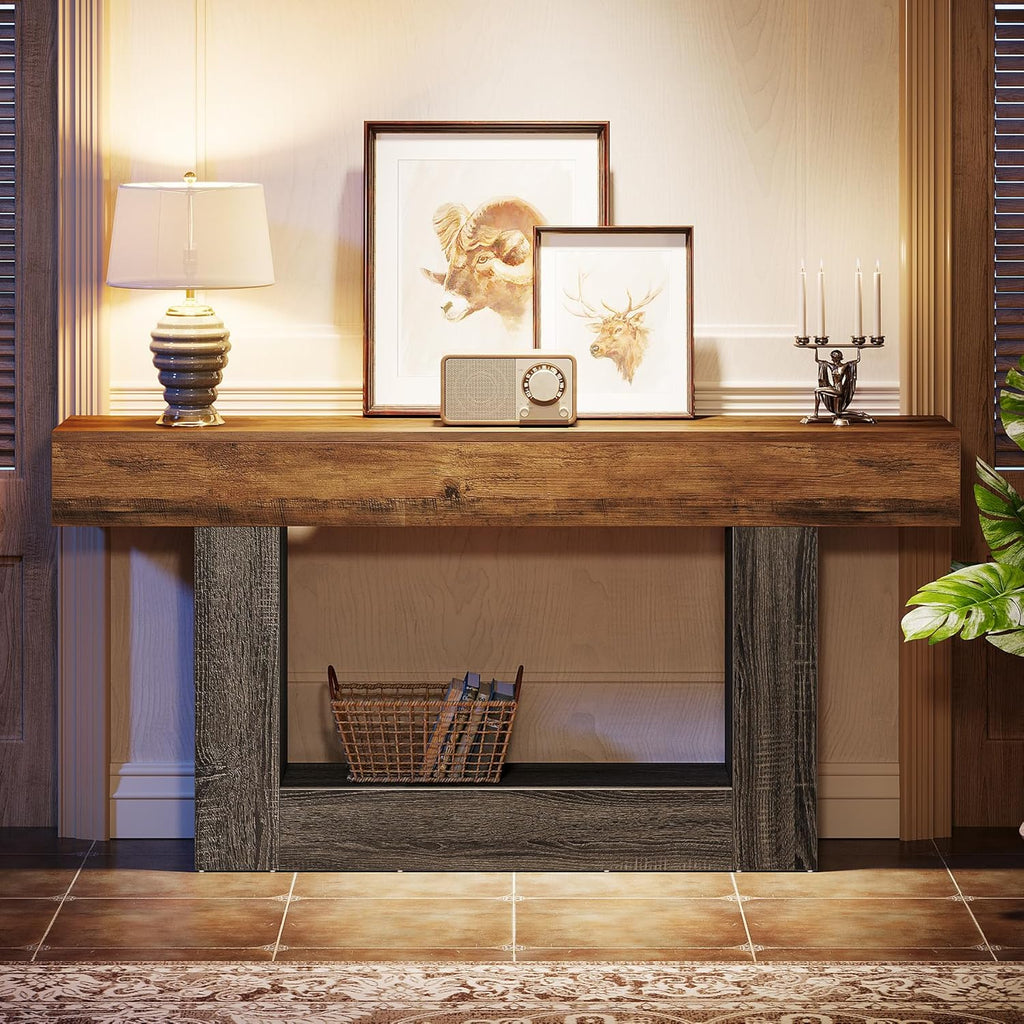 Tribesigns 63" Console Table, Farmhouse 2-Tier Entryway Table with U-Shaped Base, Narrow Long Wood Sofa Table Behind Couch Table for Living Room, Hallway, Foyer, Vintage Brown & Gray | Farmhouse, Entryway Table, Narrow, Long, Sofa Table, Behind Couch