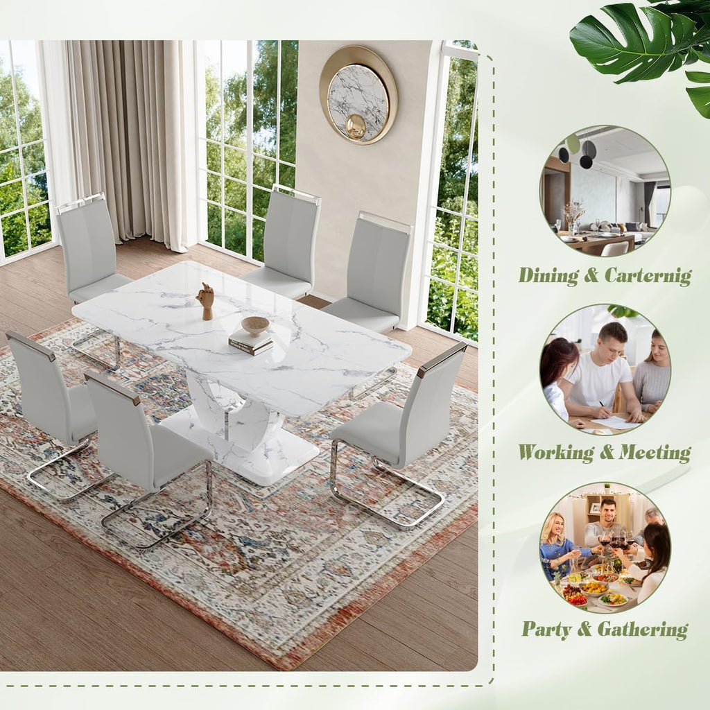 JUFU 63" Faux Marble Dining Table for 6, Modern Rectangular Kitchen & Dining Room Table, White Marble-Look MDF Top with U-Shaped Pedestal Base, Easy to Assemble