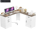 HIFIT Farmhouse Executive L Shaped Desk with Power Outlets, 60" Corner Computer Desk with 3 Storage Drawers & 2 File Cabinets, L Shaped Home Office Desk for Study, White