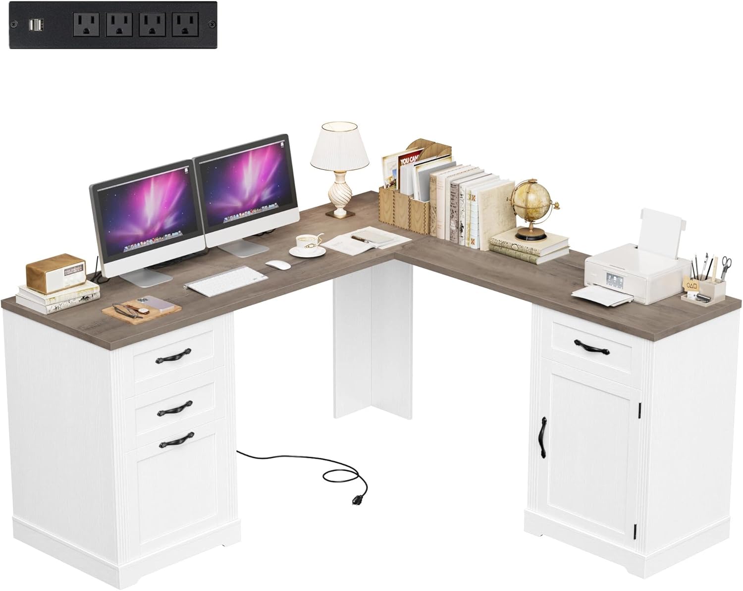 HIFIT Farmhouse Executive L Shaped Desk with Power Outlets, 60" Corner Computer Desk with 3 Storage Drawers & 2 File Cabinets, L Shaped Home Office Desk for Study, White