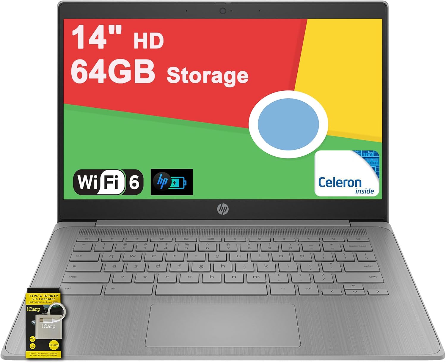 HP Chromebook 14 Home and Student Laptop 14" HD Antiglare Intel Celeron N4500 4GB RAM 64GB Storage Type-C Wi-Fi6 Long Battery Life Fast Charging ICP Hub