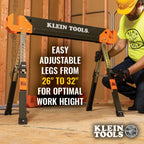 Klein Tools 80178 Folding Saw Horse, Adjustable 26 to 32-Inch Height, 2x4 Support Arms, Heavy Duty Jobsite Table, 2-Pack
