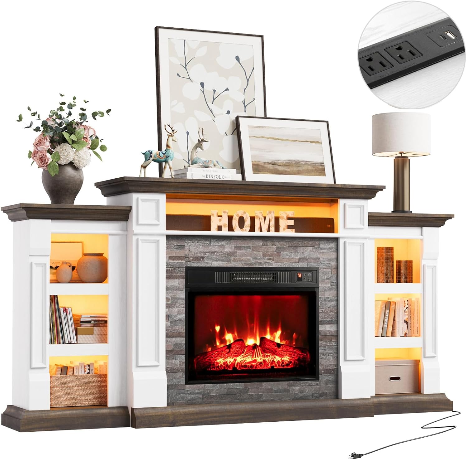 Naice 72" Electric Fireplace with Mantel and Cabinets, Fireplace TV Stand for Living Room Bedroom, LED Light & Power Outlet, 23in Realistic Flame Fireplace and Stacked Stone Surround, Brown