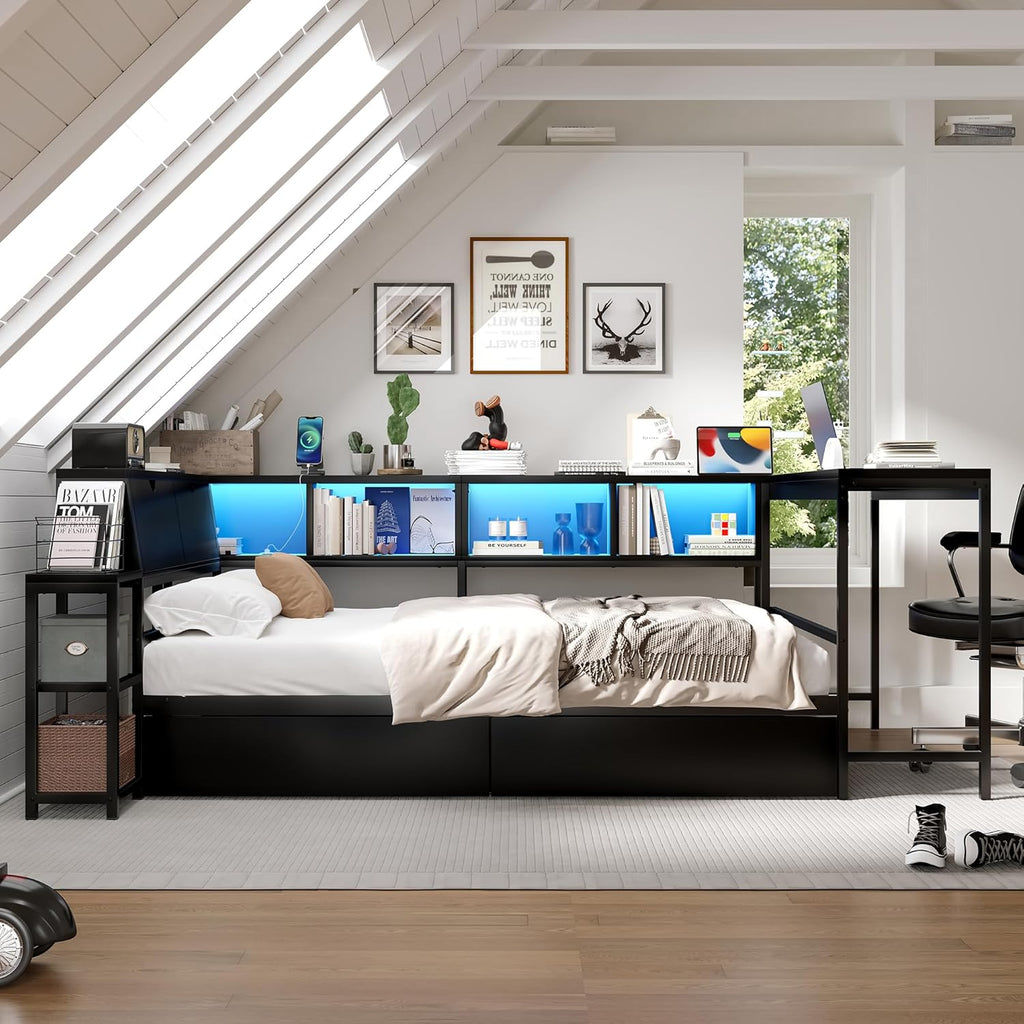 Bellemave Twin Corner Bed Frame with Desk and Storage, Twin Captains Bed with Charging Station,LED Light, Wood Daybeds with L-Shaped Bookcase and 2 Drawers, Black